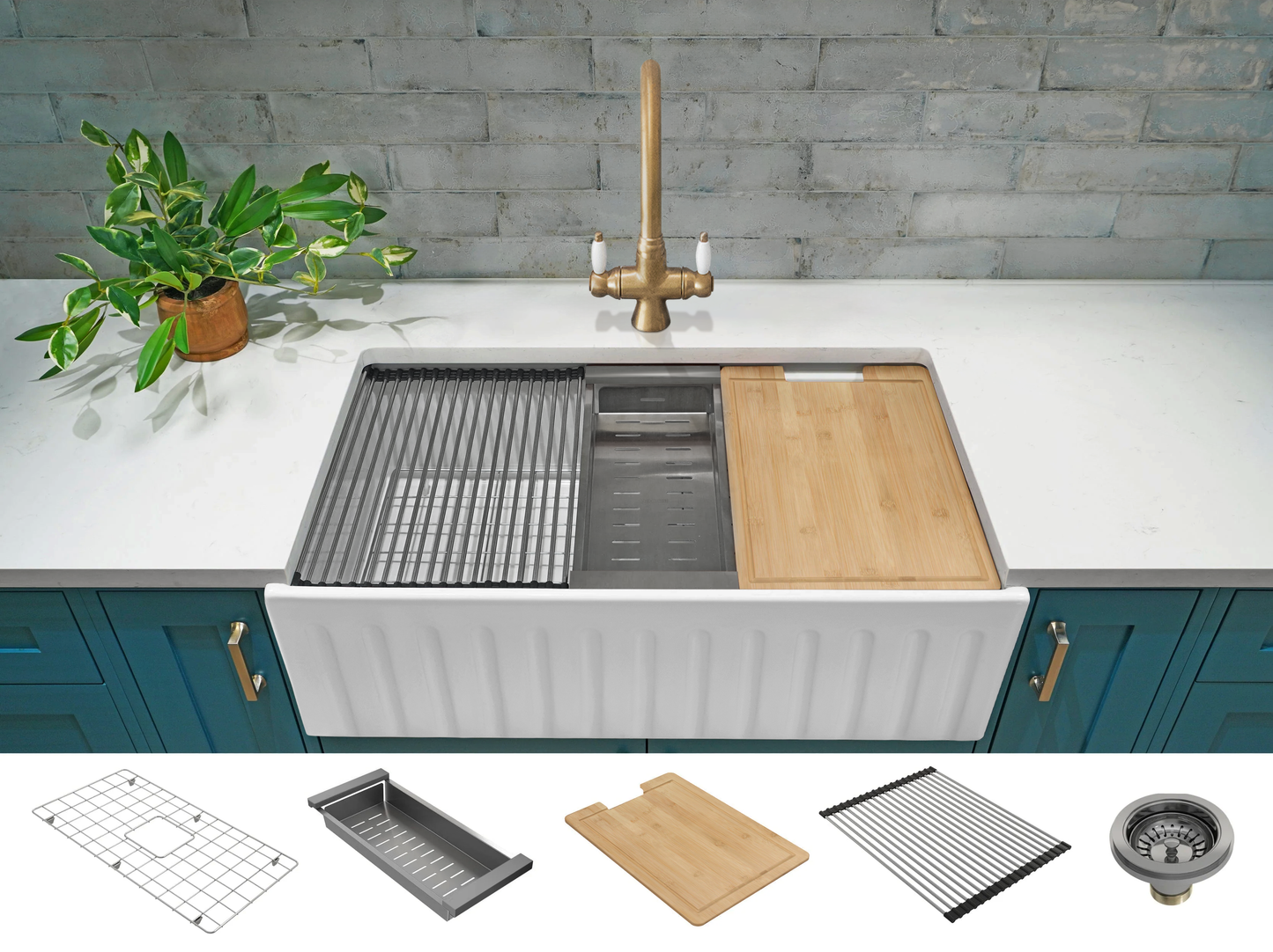 March Special - Fluted Farmhouse Sink with Chopping Board, Grid, Grill, Colander & Waste - 833 mm