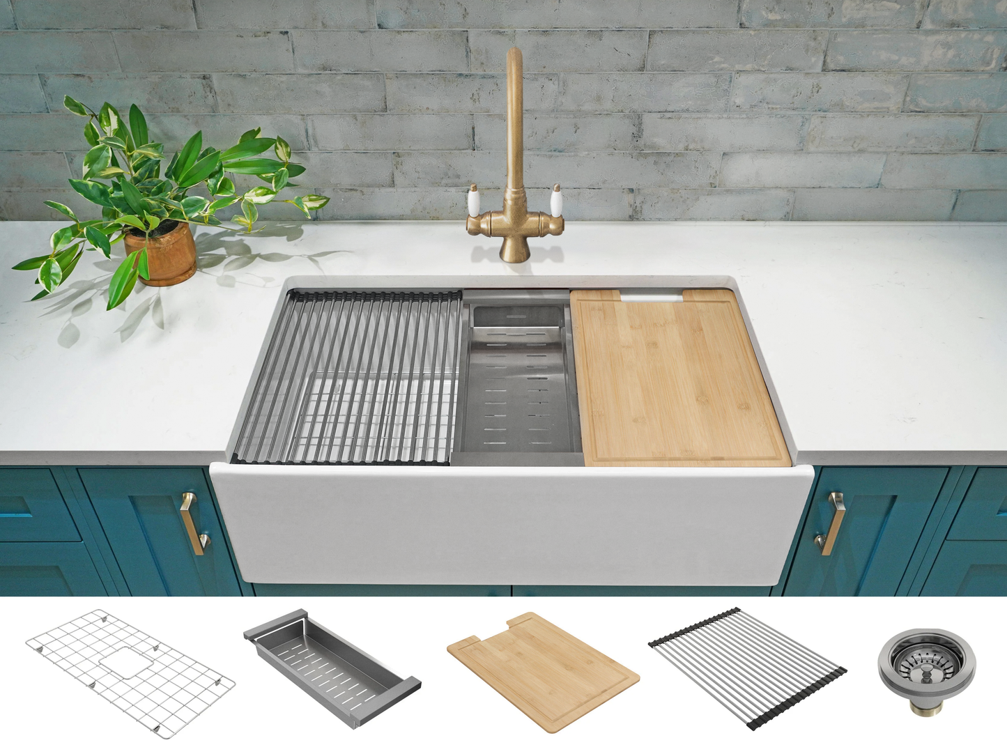 October Special - Farmhouse Sink with Chopping Board, Grid, Grill, Colander & Waste - 833mm