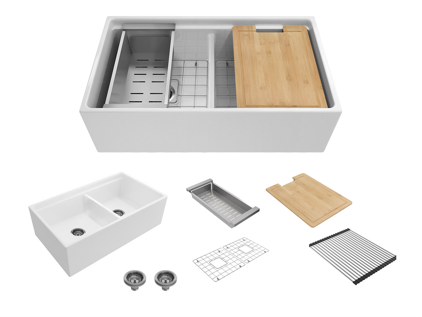 October Special - Double Farmhouse Sink with Chopping Board, Grid, Grill, Colander & Waste - 840mm
