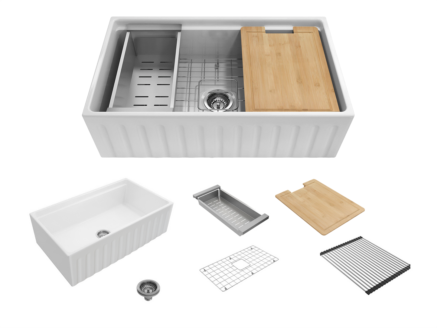 March Special - Fluted Farmhouse Sink with Chopping Board, Grid, Grill, Colander & Waste - 762mm