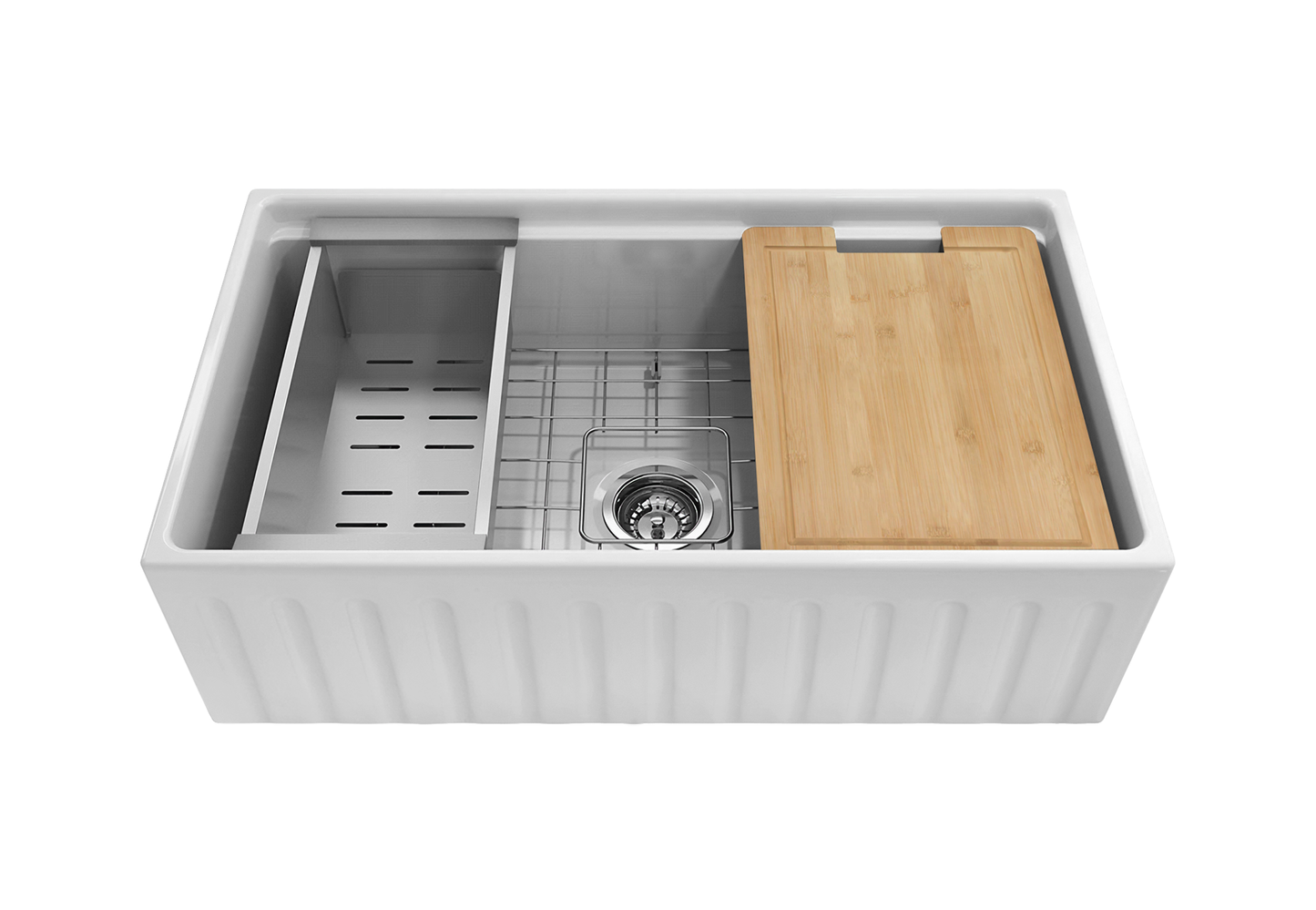 March Special - Fluted Farmhouse Sink with Chopping Board, Grid, Grill, Colander & Waste - 833 mm