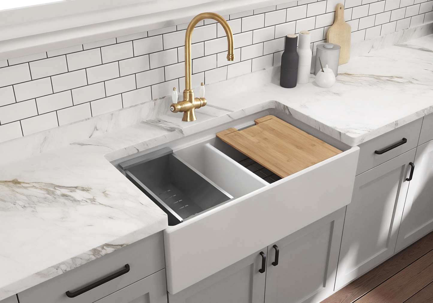 October Special - Double Farmhouse Sink with Chopping Board, Grid, Grill, Colander & Waste - 840mm