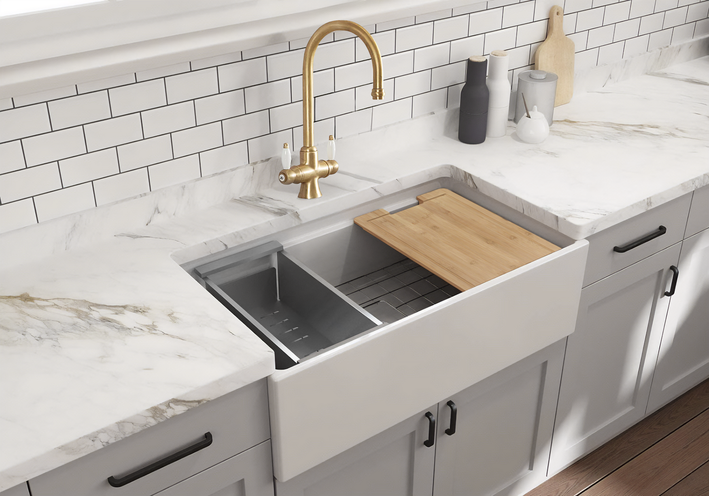 October Special - Farmhouse Sink with Chopping Board, Grid, Grill, Colander & Waste - 762mm