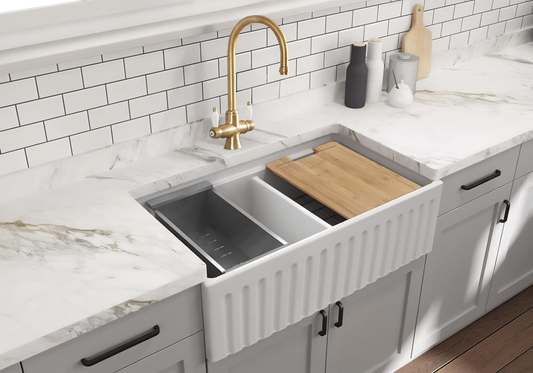 October Special - Fluted Double Farmhouse Sink with Chopping Board, Grid, Grill, Colander & Waste - 840mm