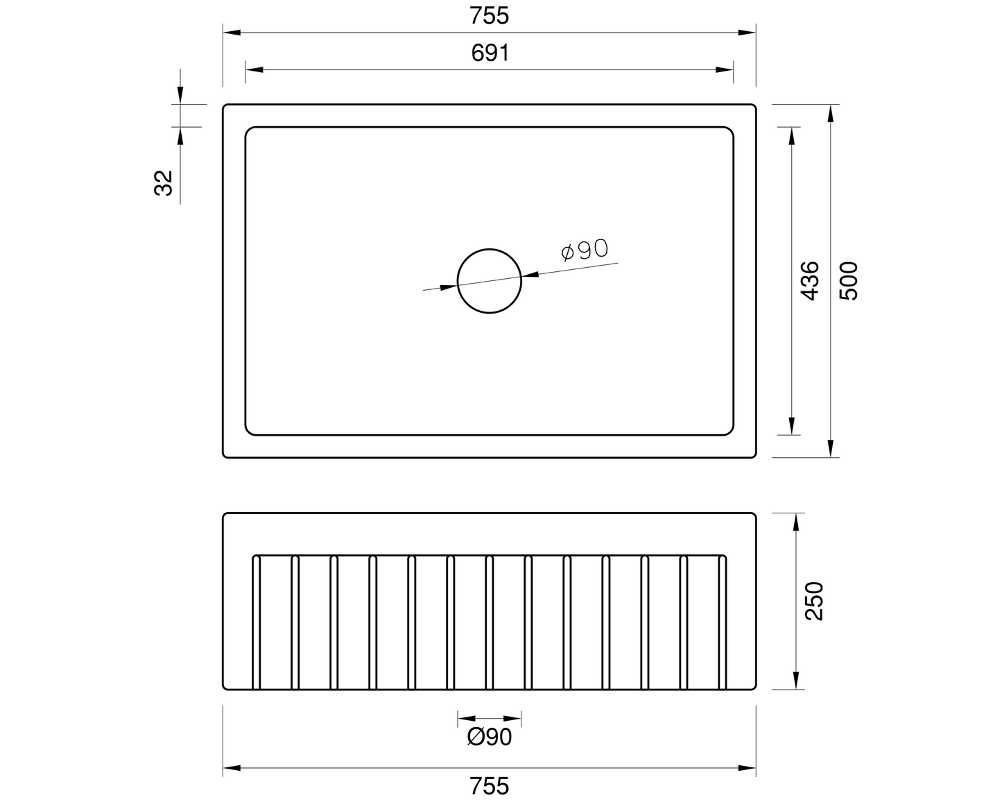 Narrow Fluted Single Bowl Fireclay Farmhouse Sink - 755mm