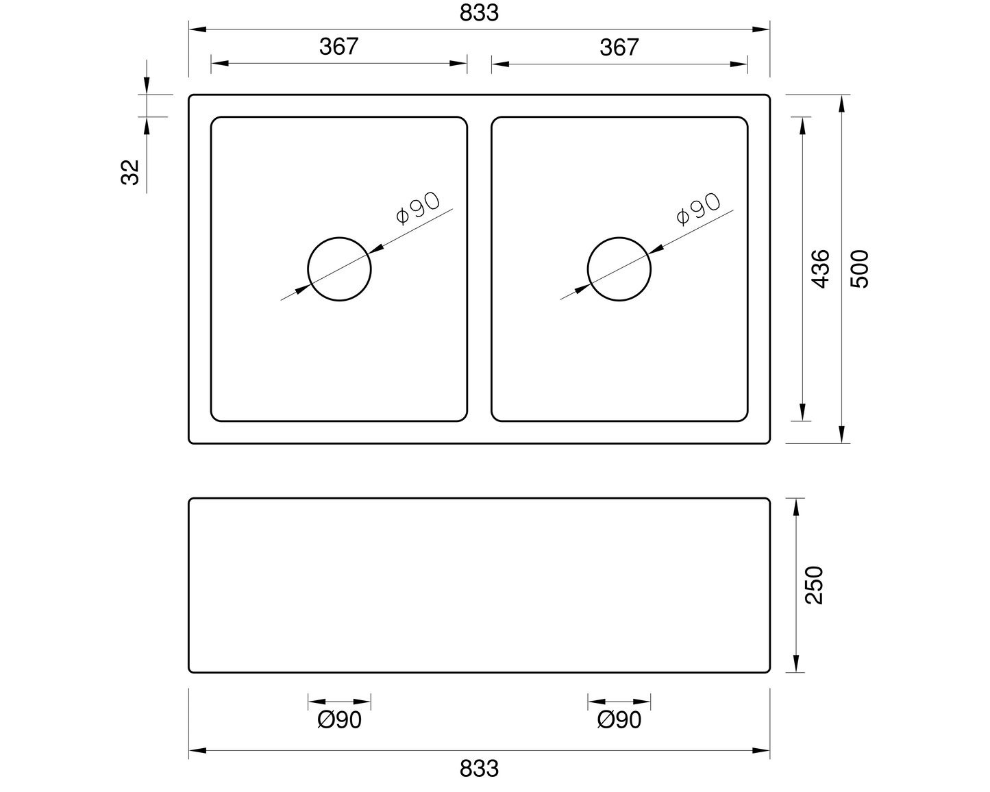 Double Bowl Farmhouse Sink - 833mm