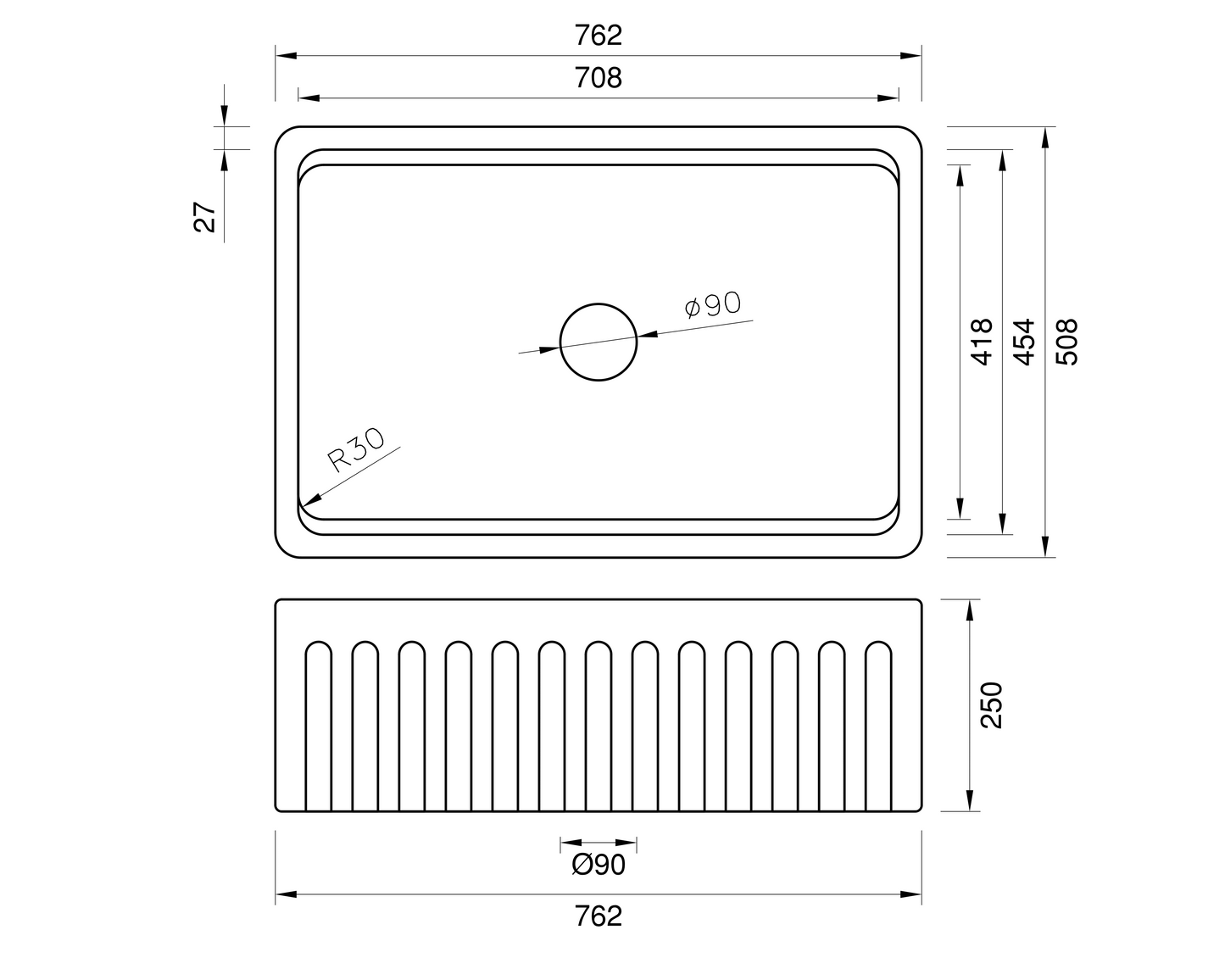 March Special - Fluted Farmhouse Sink with Chopping Board, Grid, Grill, Colander & Waste - 762mm