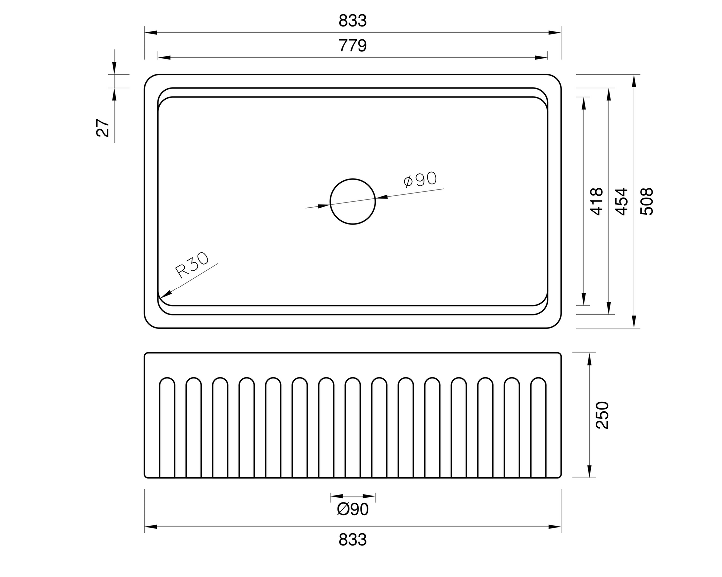 March Special - Fluted Farmhouse Sink with Chopping Board, Grid, Grill, Colander & Waste - 833 mm