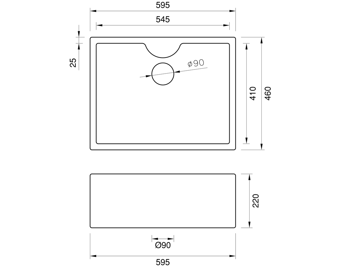 British Butler Sink with Tap Ledge - 595mm by Savile Row - technical drawing with dimensions