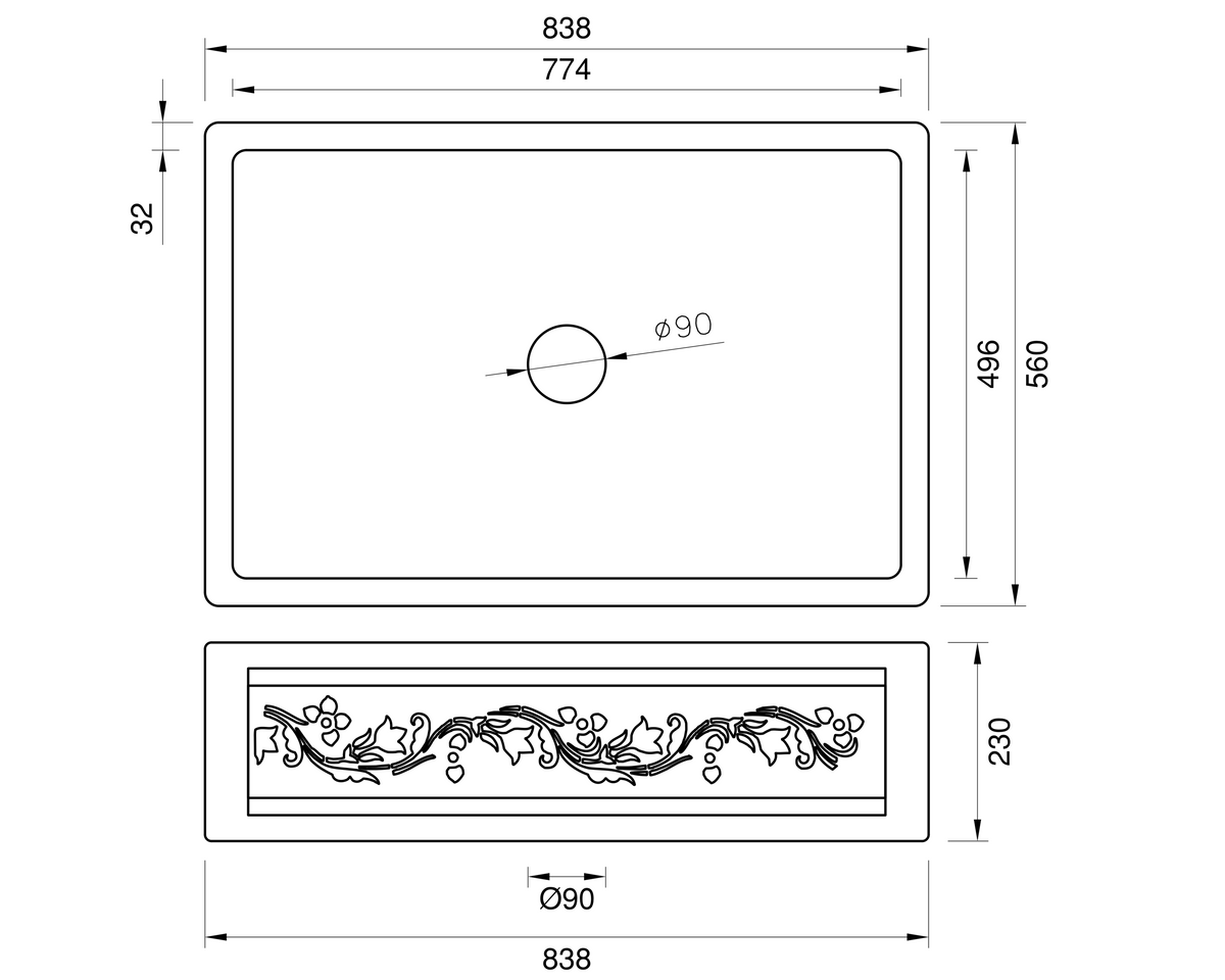 Copper Country Sink - 838mm by Savile Row - copper single bowl farmhouse sink - technical drawing with dimensions - 838mm copper sink with floral apron