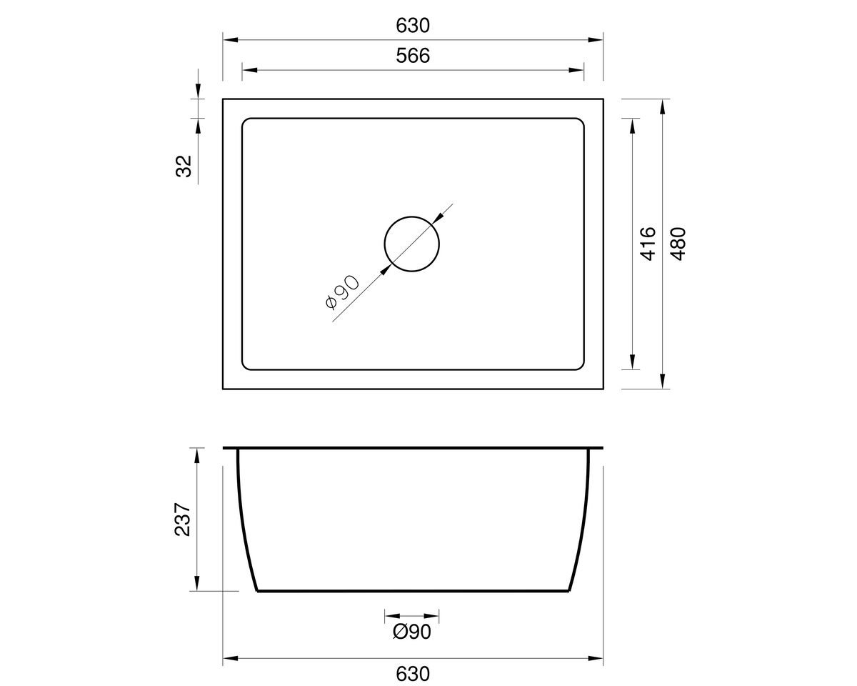 Copper Undermount Sink - 630mm by Savile Row - copper single bowl undermount sink - technical drawing with dimensions