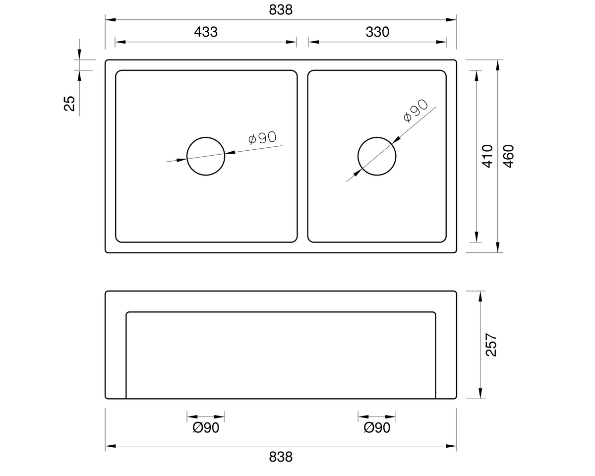 Country Farmhouse Double Sink with Offset Bowl - 838mm by Savile Row - technical drawing with dimensions