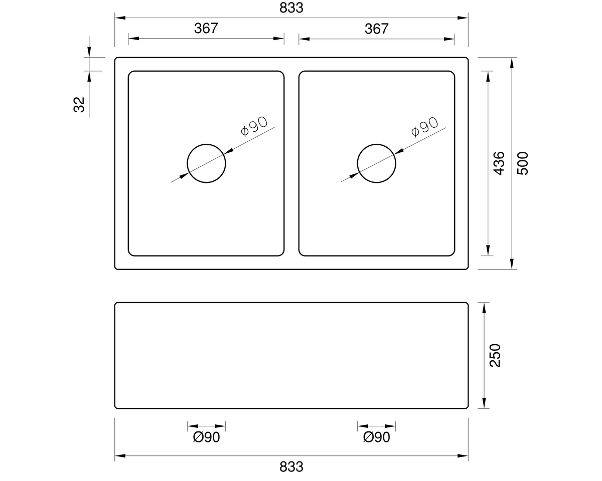 Double Bowl Farmhouse Sink - 833mm by Savile Row - technical drawing with dimensions