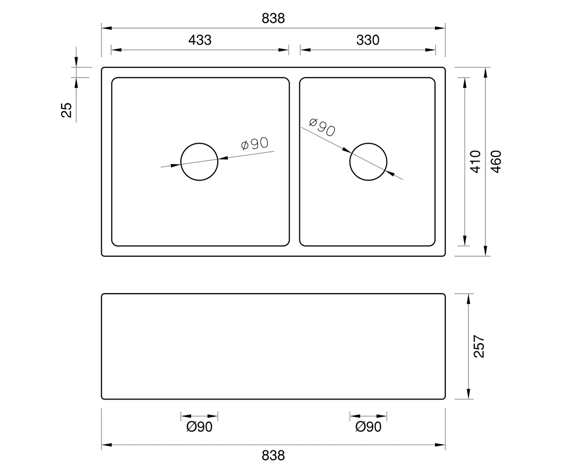 Double Farmhouse Sink with Offset Bowl - 838mm by Savile Row - technical drawing with dimensions