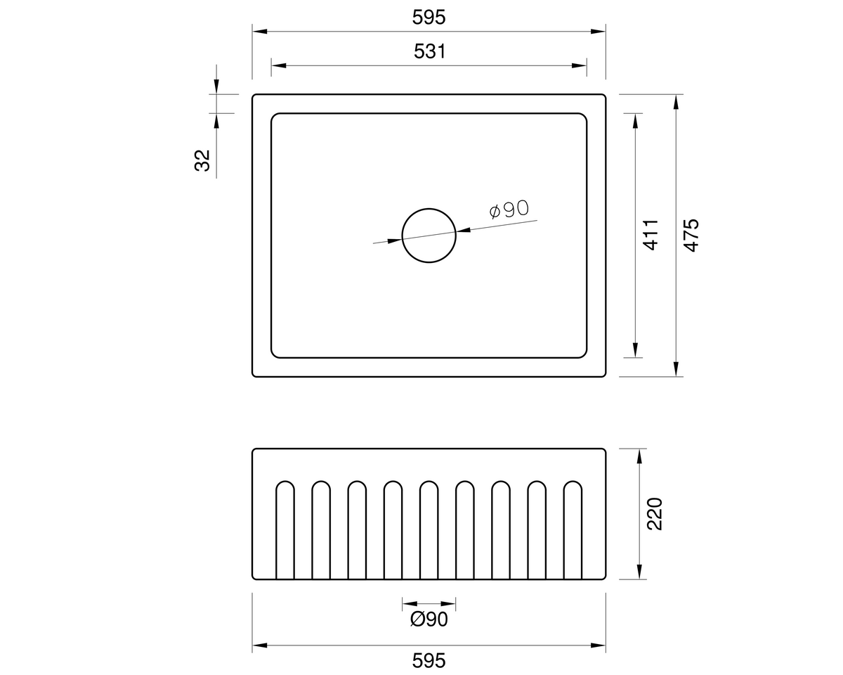 Fluted Butler Sink - 595mm by Savile Row - technical drawing with dimensions