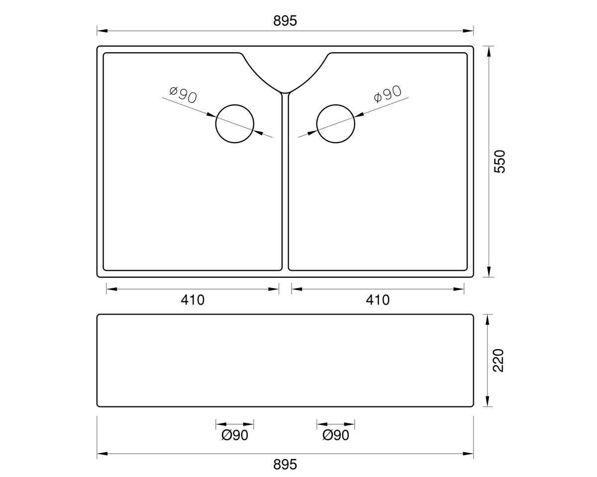 Great British Double Butler Sink - 895mm by Savile Row - technical drawing with dimensions