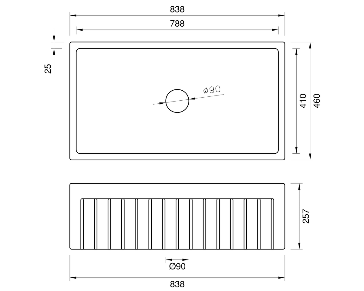 Large Single Bowl 838 mm Narrow Fluted Farmhouse Sink by Savile Row - technical drawing with dimensions