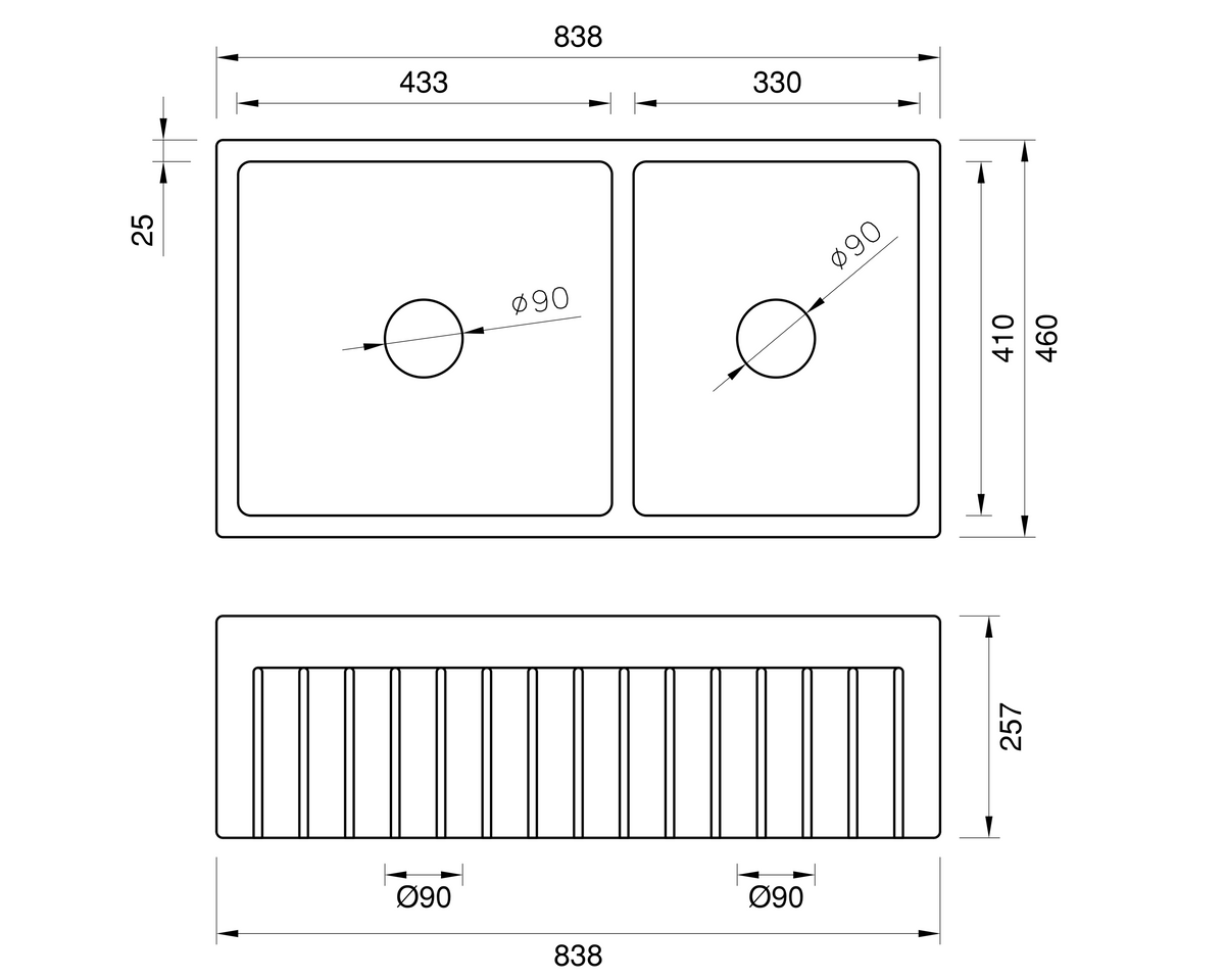 Narrow Double Fluted Offset - 838 by Savile Row - technical drawing with dimensions