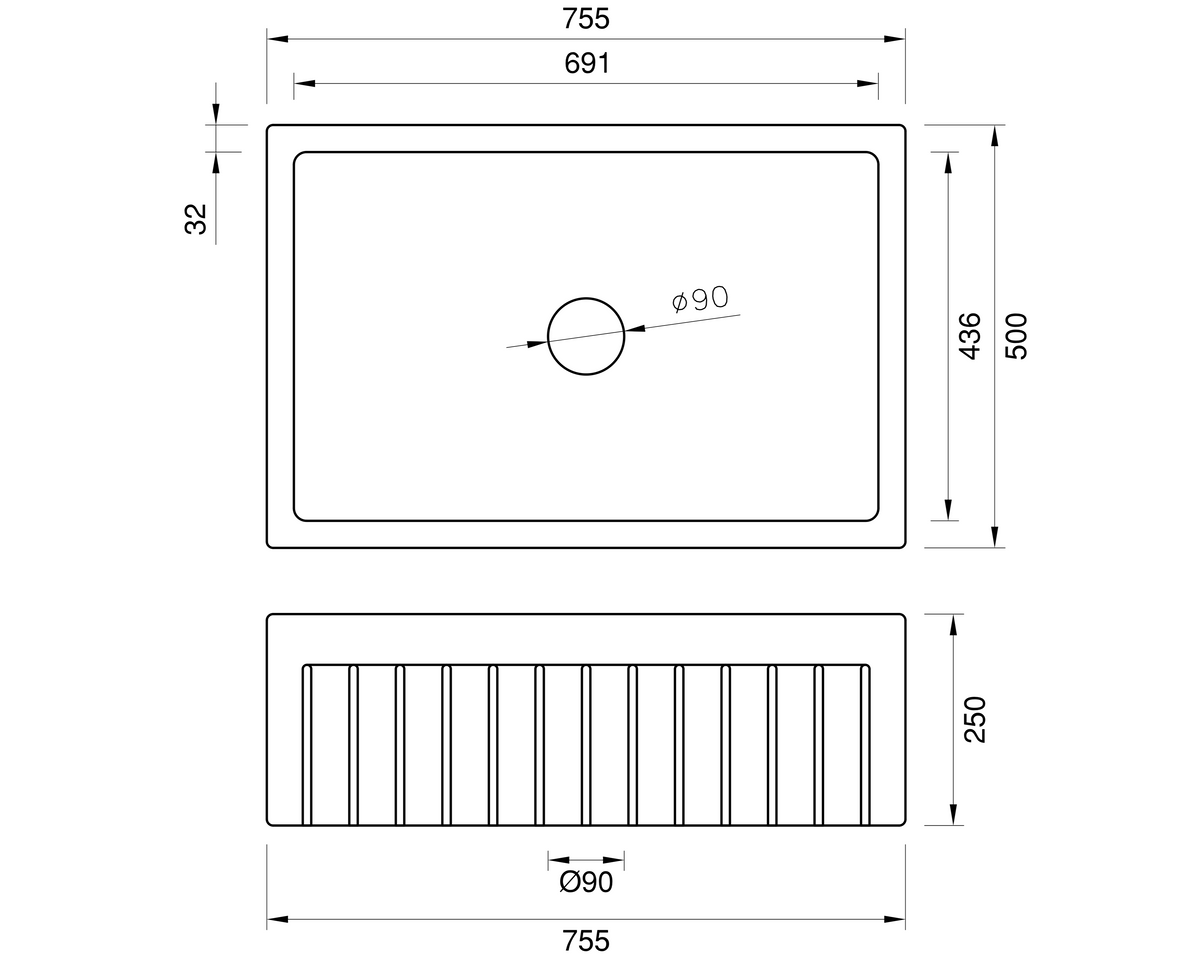 Narrow Fluted Single Bowl Fireclay Farmhouse Sink - 755mm by Savile Row - technical drawing with dimensions