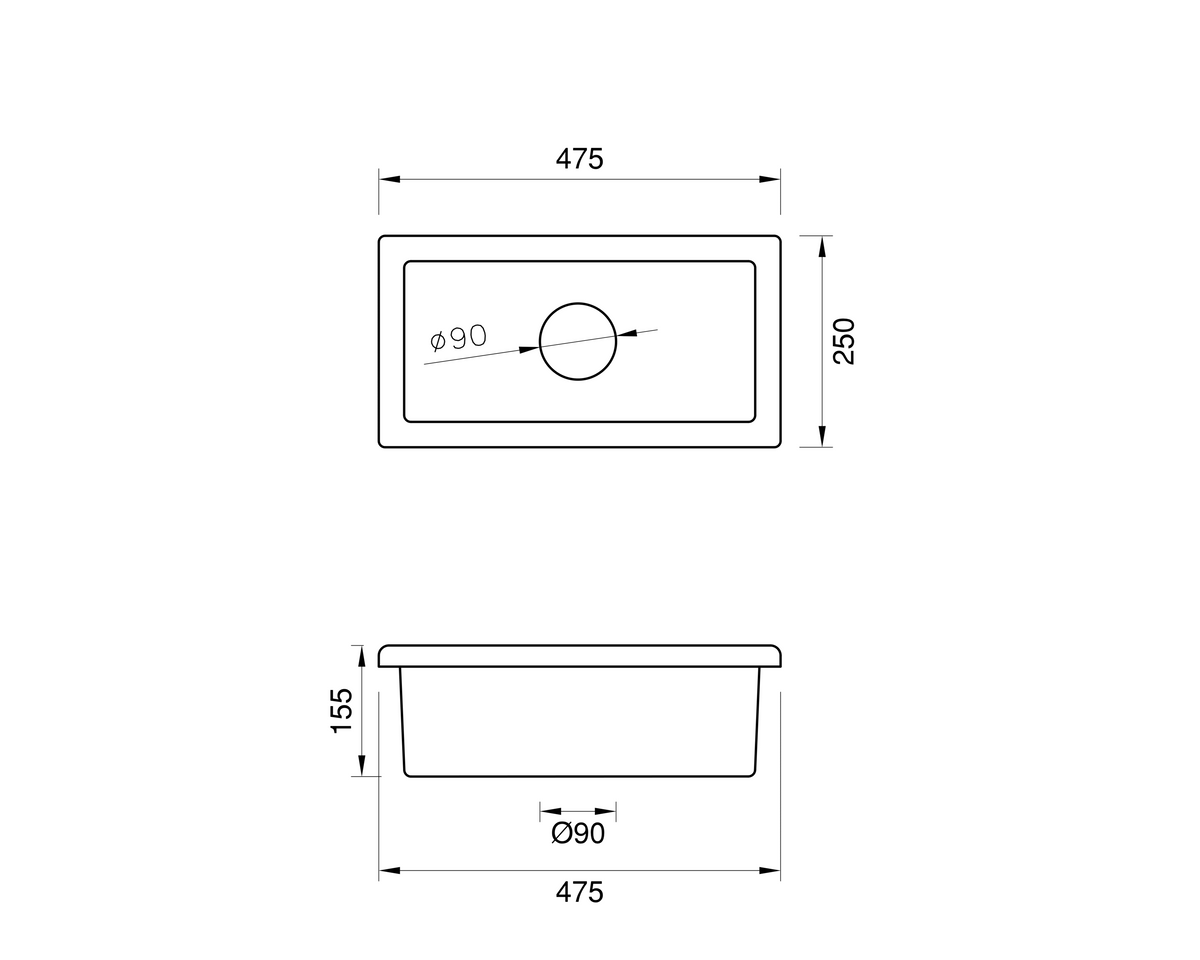 Undermount Fireclay Kitchen Sink Side Bowl - 250mm by Savile Row - technical drawing with dimensions