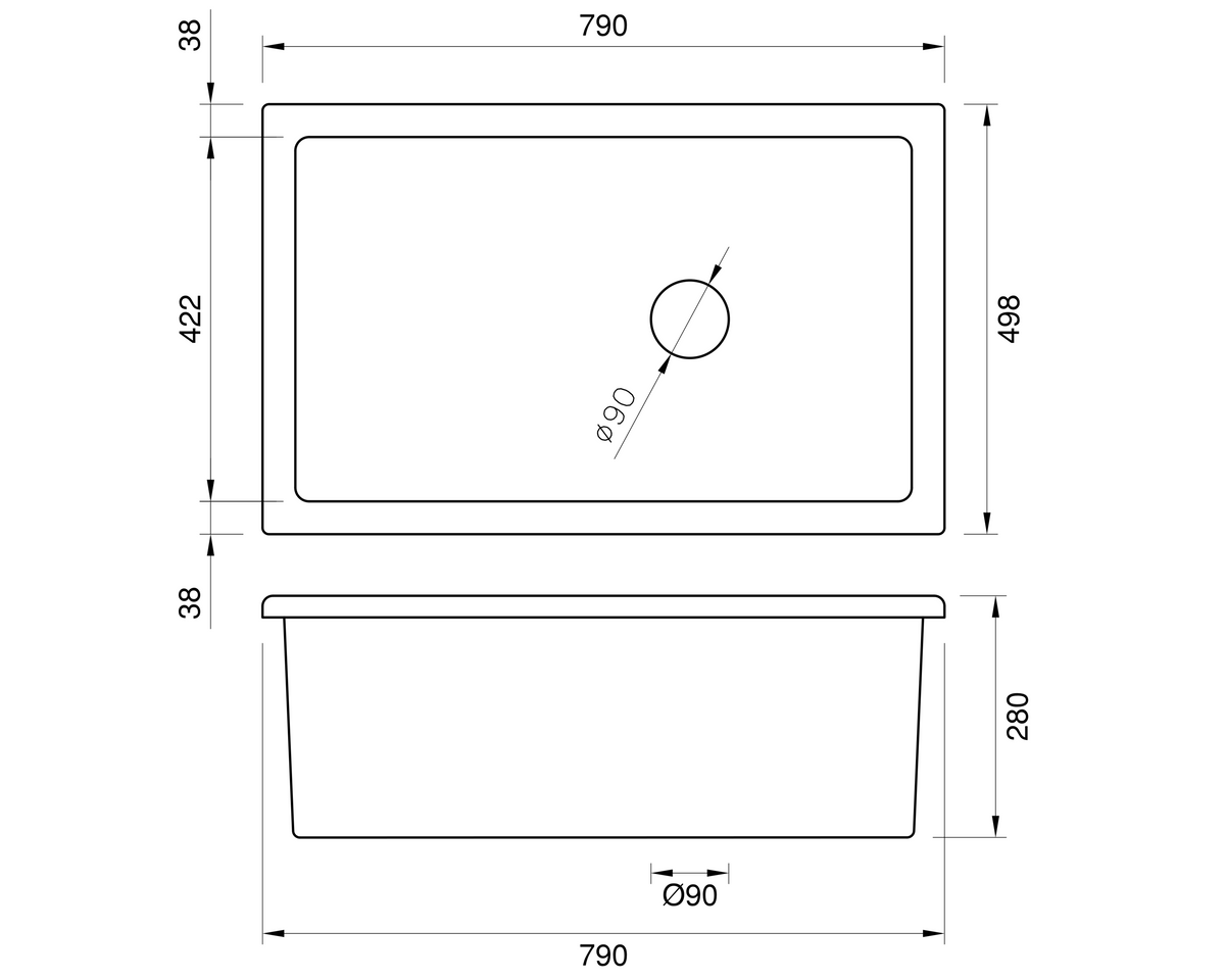 Undermount Fireclay Sink - 790mm by Savile Row - technical drawing with dimensions