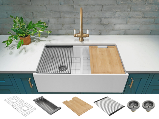 Double Farmhouse Sink with Chopping Board, Grid, Grill, Colander & Waste - 840mm