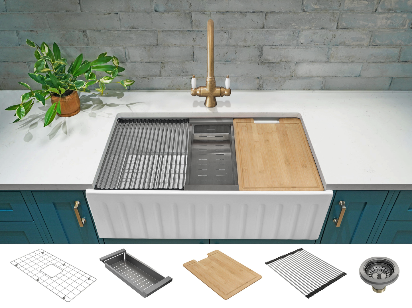 February Special - Fluted Farmhouse Sink With Chopping Board, Grate, Waste, Strainer & Cullender - 833 mm