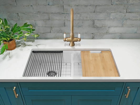 Undercounter Fireclay Double Bowl Workstation Sink with Chopping Board, Grid, Grill, Colander & Waste - 840mm