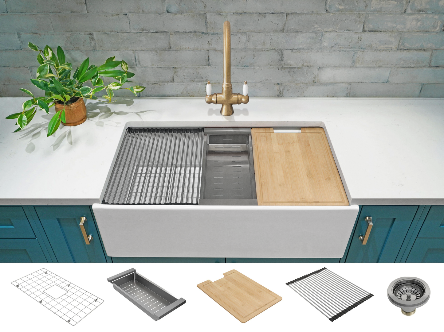 Double Farmhouse Sink With Chopping Board,, Grid, Grate Waste & Cullender  - 833mm