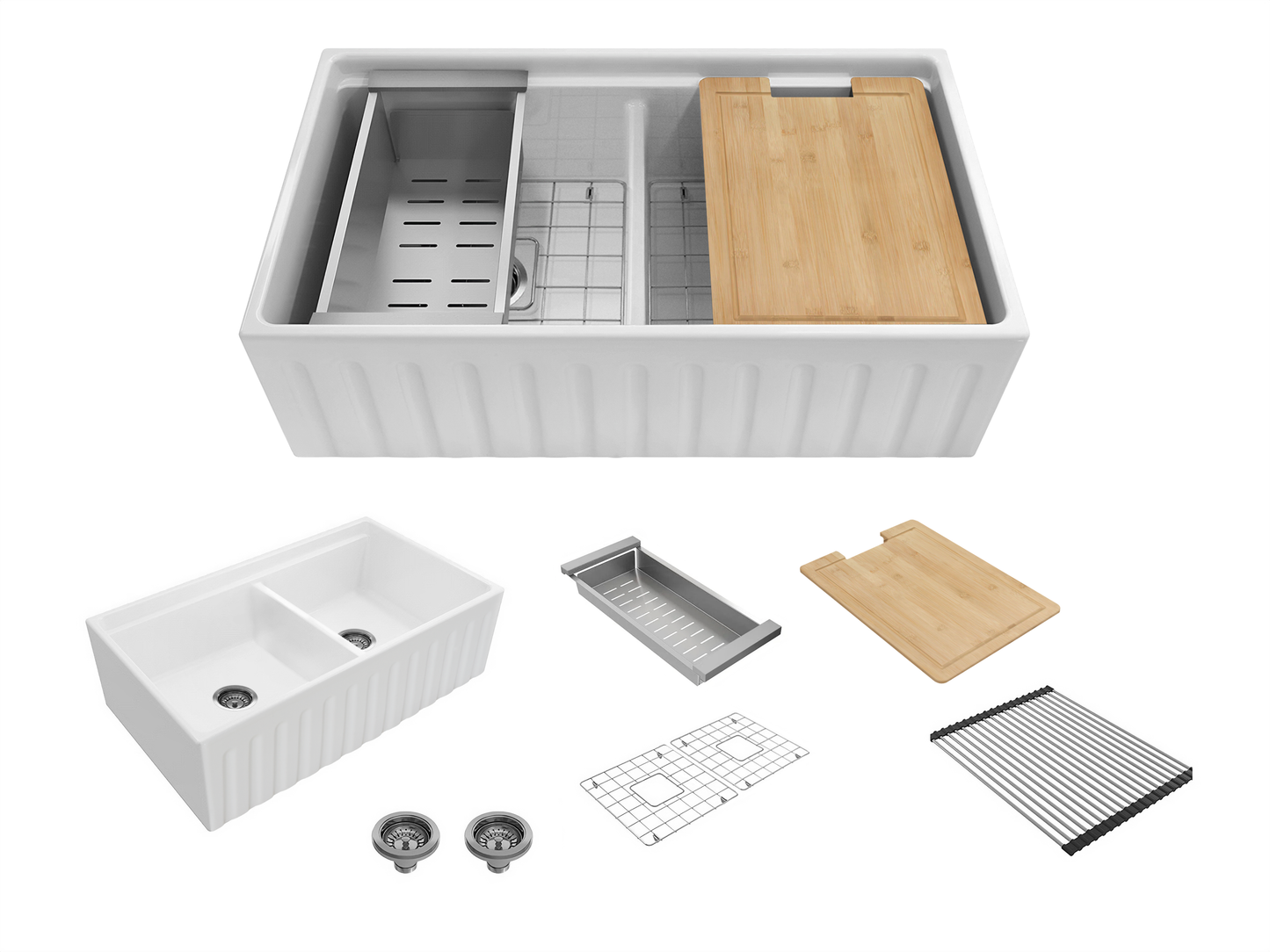 March Special - Fluted Double Farmhouse Sink with Chopping Board, Grid, Grill, Colander & Waste - 840mm