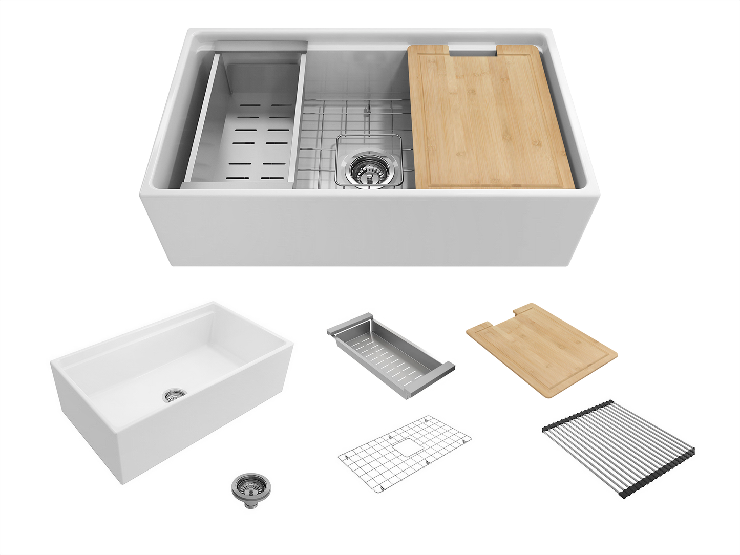 Double Farmhouse Sink With Chopping Board,, Grid, Grate Waste & Cullender  - 833mm