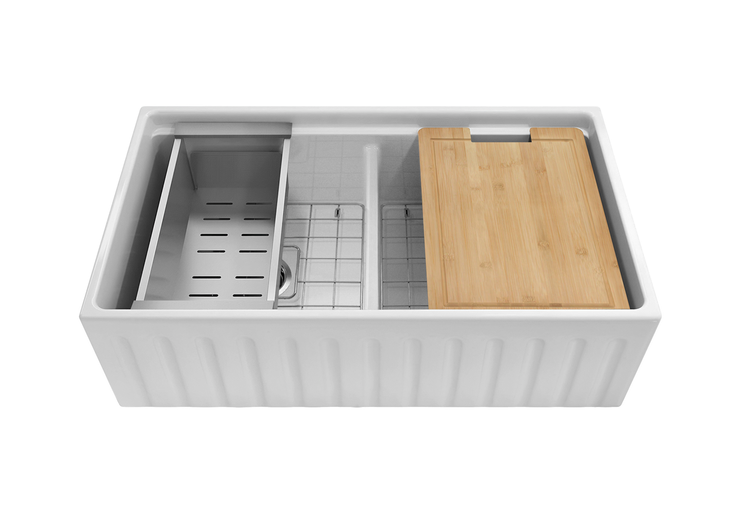 Christmas Special - Fluted Double Farmhouse Sink with Chopping Board, Grid, Grill, Colander & Waste - 840mm