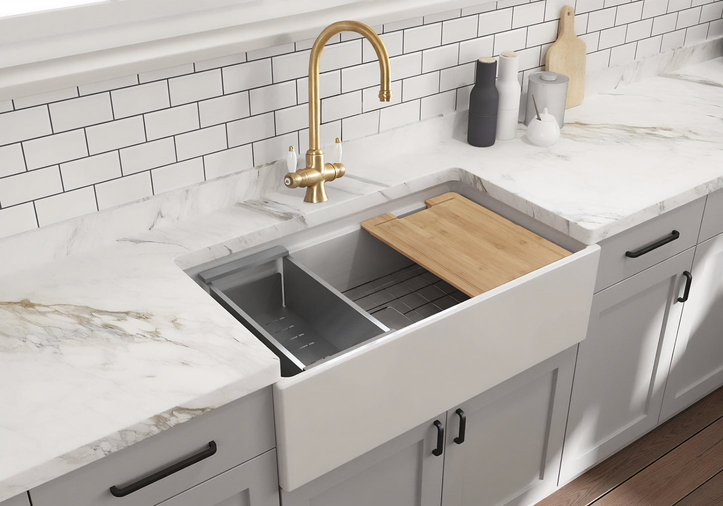 February Special ! - Farmhouse Sink With Chopping Board,, Grid, Grate Waste & Cullender  - 833mm