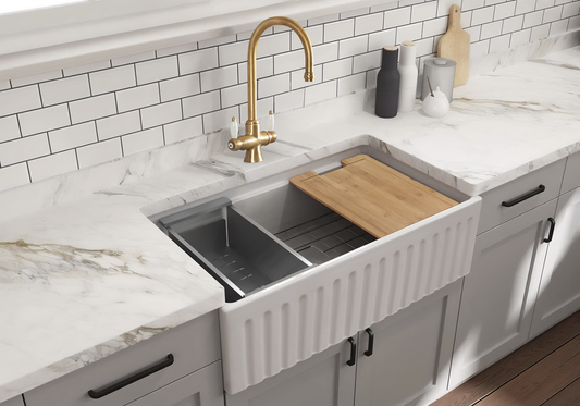 October Special - Fluted Farmhouse Sink with Chopping Board, Grid, Grill, Colander & Waste - 833 mm