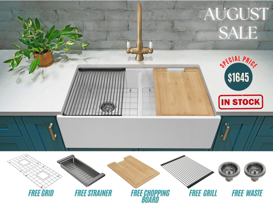 August Special - Double Farmhouse Sink with Chopping Board, Grid, Grill, Colander & Waste - 840mm