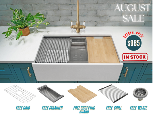 August Special - Farmhouse Sink with Chopping Board, Grid, Grill, Colander & Waste - 762mm