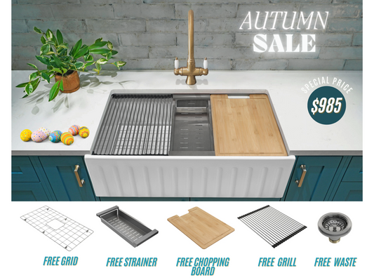 Autumn Special - Fluted Farmhouse Sink With Chopping Board, Grid, Grill, Colander & Waste - 755mm