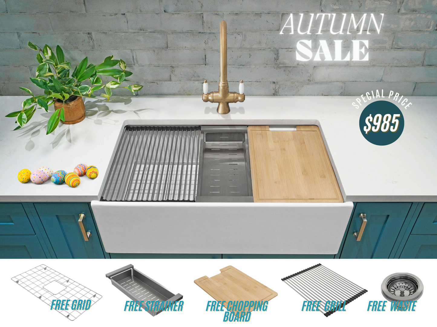 Autumn Special - Farmhouse Sink With Chopping Board, Grid, Grill, Colander & Waste - 755mm