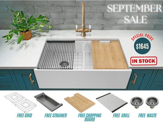 September Special - Double Farmhouse Sink with Chopping Board, Grid, Grill, Colander & Waste - 840mm