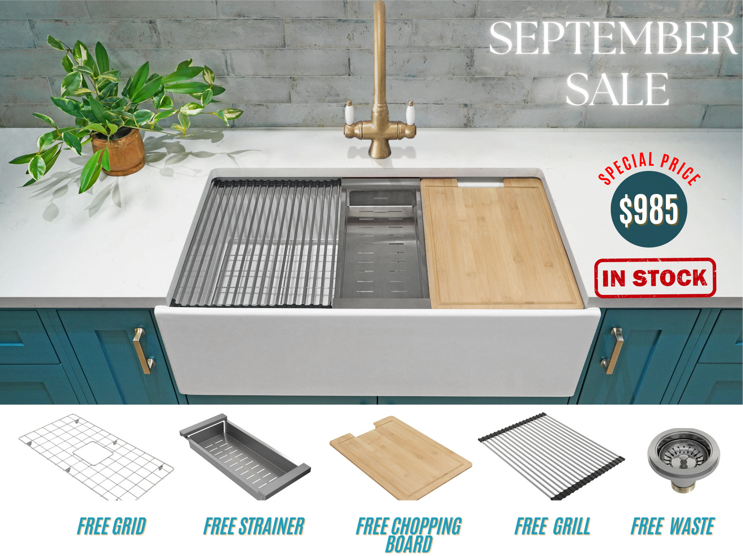 September Special - Farmhouse Sink with Chopping Board, Grid, Grill, Colander & Waste - 762mm