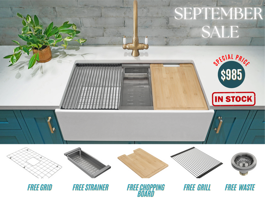 September Special - Farmhouse Sink with Chopping Board, Grid, Grill, Colander & Waste - 762mm