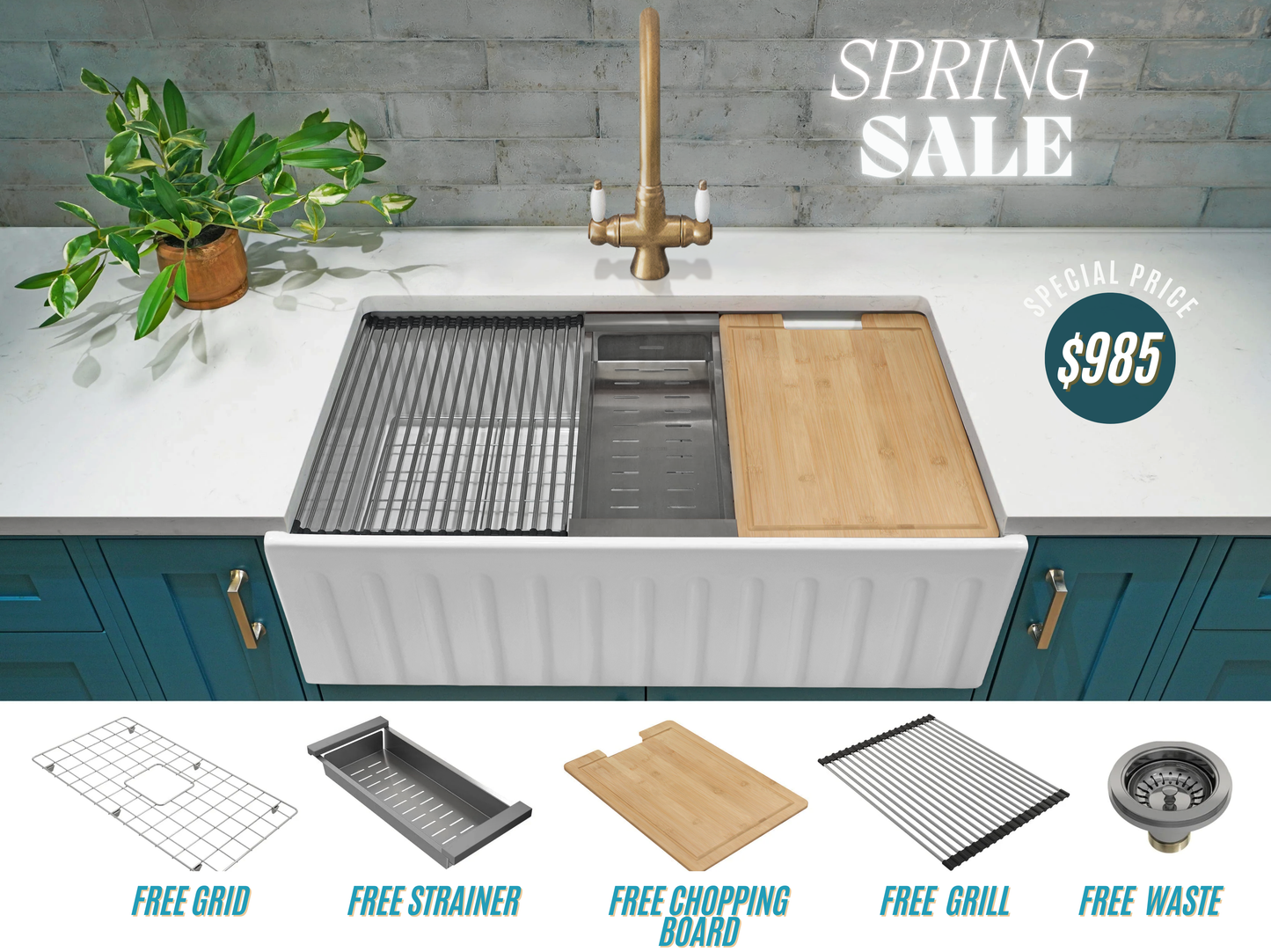 Spring Special - Fluted Farmhouse Sink with Chopping Board, Grid, Grill, Colander & Waste - 762mm