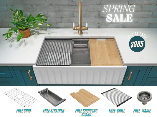 Spring Special - Farmhouse Sink with Chopping Board, Grid, Grill, Colander & Waste - 762mm