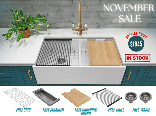 November Special - Double Farmhouse Sink with Chopping Board, Grid, Grill, Colander & Waste - 840mm