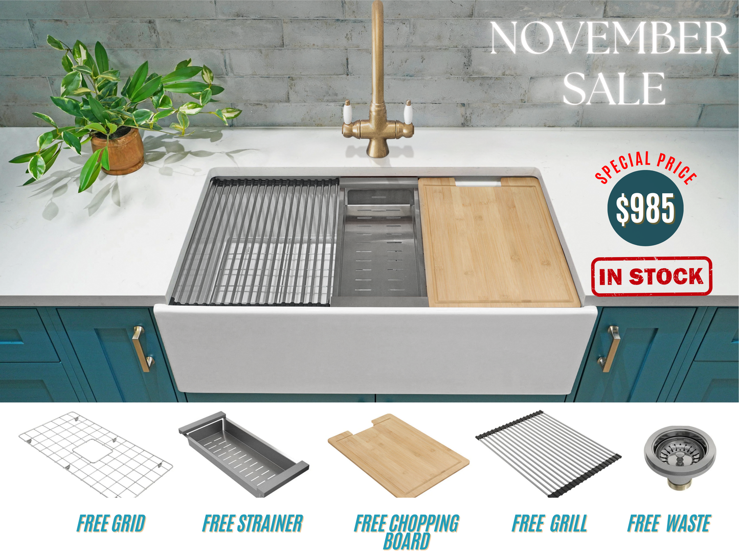 November Special - Farmhouse Sink with Chopping Board, Grid, Grill, Colander & Waste - 833mm