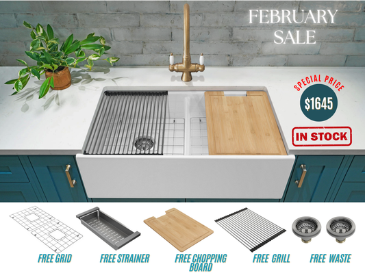 February Special - Double Farmhouse Sink with Chopping Board, Grid, Grill, Colander & Waste - 840mm
