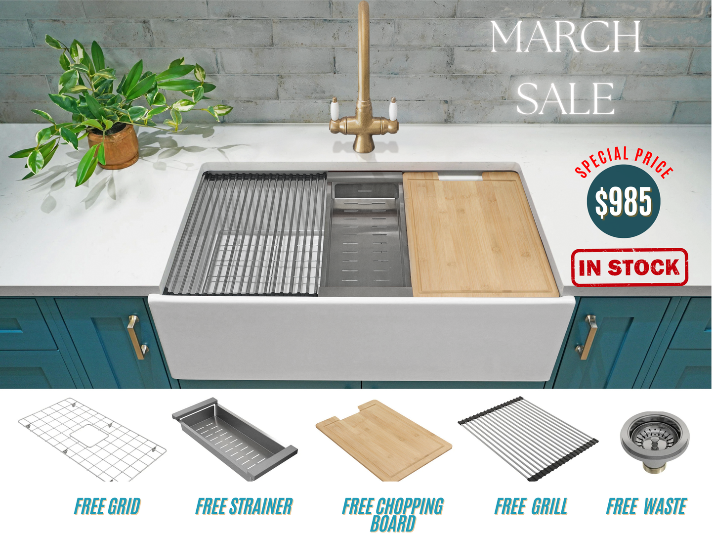 March Special - Farmhouse Sink with Chopping Board, Grid, Grill, Colander & Waste - 833mm