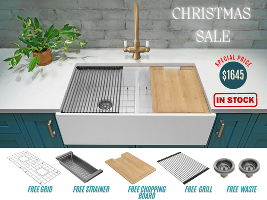 Christmas Special - Double Farmhouse Sink with Chopping Board, Grid, Grill, Colander & Waste - 840mm