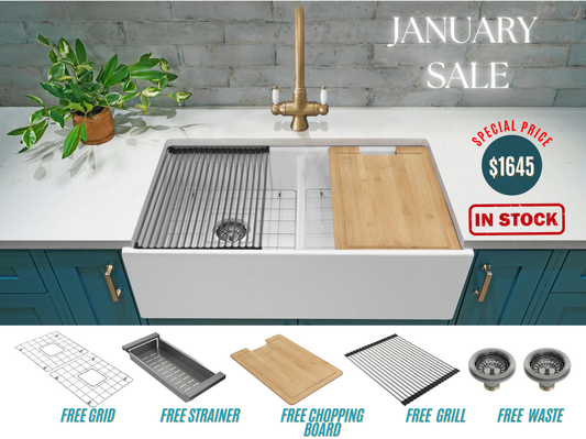 January Special - Double Farmhouse Sink with Chopping Board, Grid, Grill, Colander & Waste - 840mm