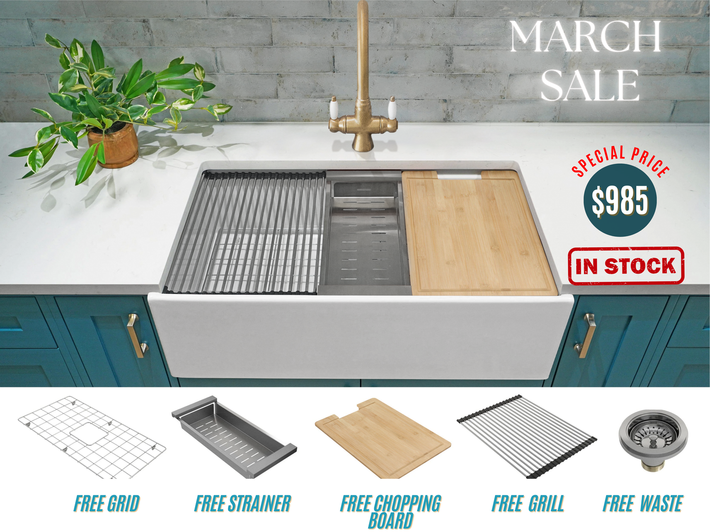 March Special - Farmhouse Sink with Chopping Board, Grid, Grill, Colander & Waste - 762mm
